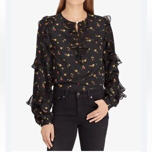 LAUREN RALPH LAUREN Women's Floral Print Ruffled Keyhole Blouse Shirt Top